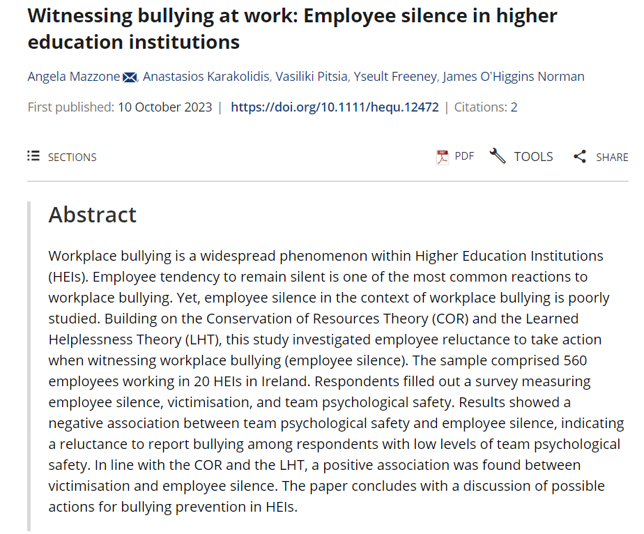 Title image: Witnessing Bullying at work: Employee Silence in HEIs